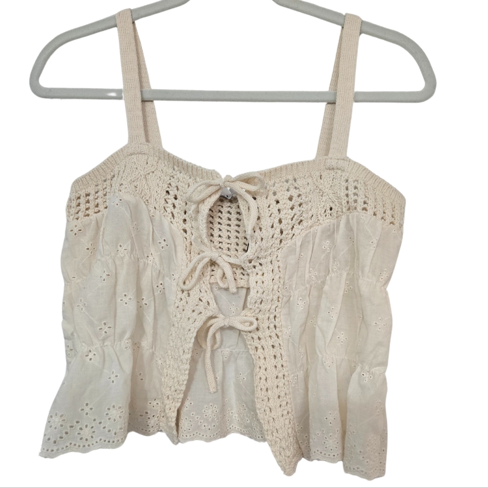 Zara Mixed Knit Top With Ties Sz M NWOT - Picture 2 of 10